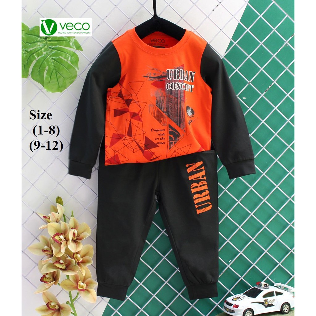 Đồ bộ quần áo bé trai  Veco  dài tay thu đông in hình Urban lập thể size đại 30-40 kg vải 100% cotto