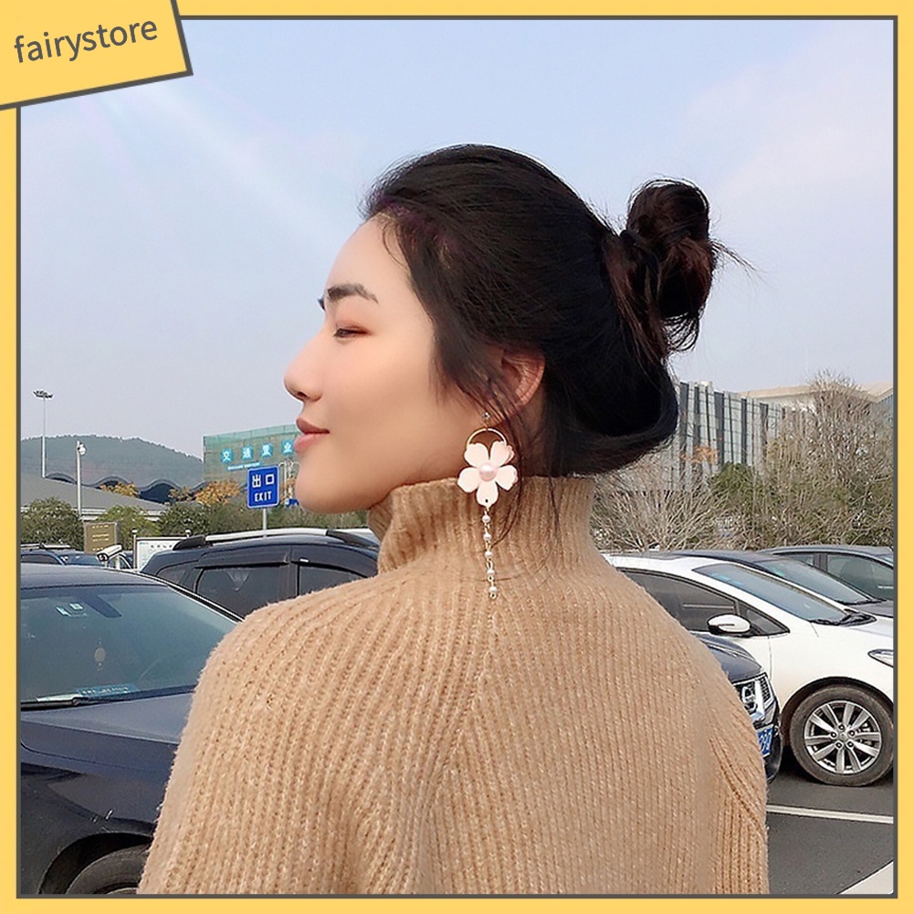 Khuyên Tai Dáng Dài Đính Hoa Và Ngọc Trai Nhân Tạo Thời Trang