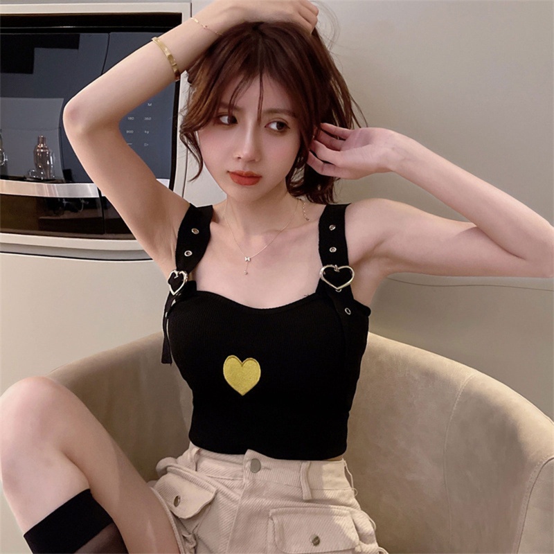 Xiangbao Áo Crop Top Dệt Kim Hai Dây Bản Rộng Khóa Kim Loại Thêu Trái Tim Harajuku Mùa Hè Cho Nữ