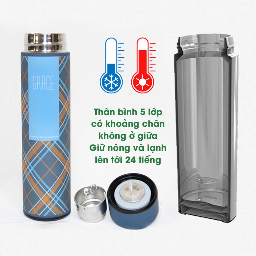 Bình Giữ Nhiệt Inox 5 Lớp Giữ Nhiệt Nóng Lạnh Trong 24 Giờ Dung Tích 500Ml Nắp Silicon Chống Dò Nhiệt Ly Ủ Cháo PEHOUSE