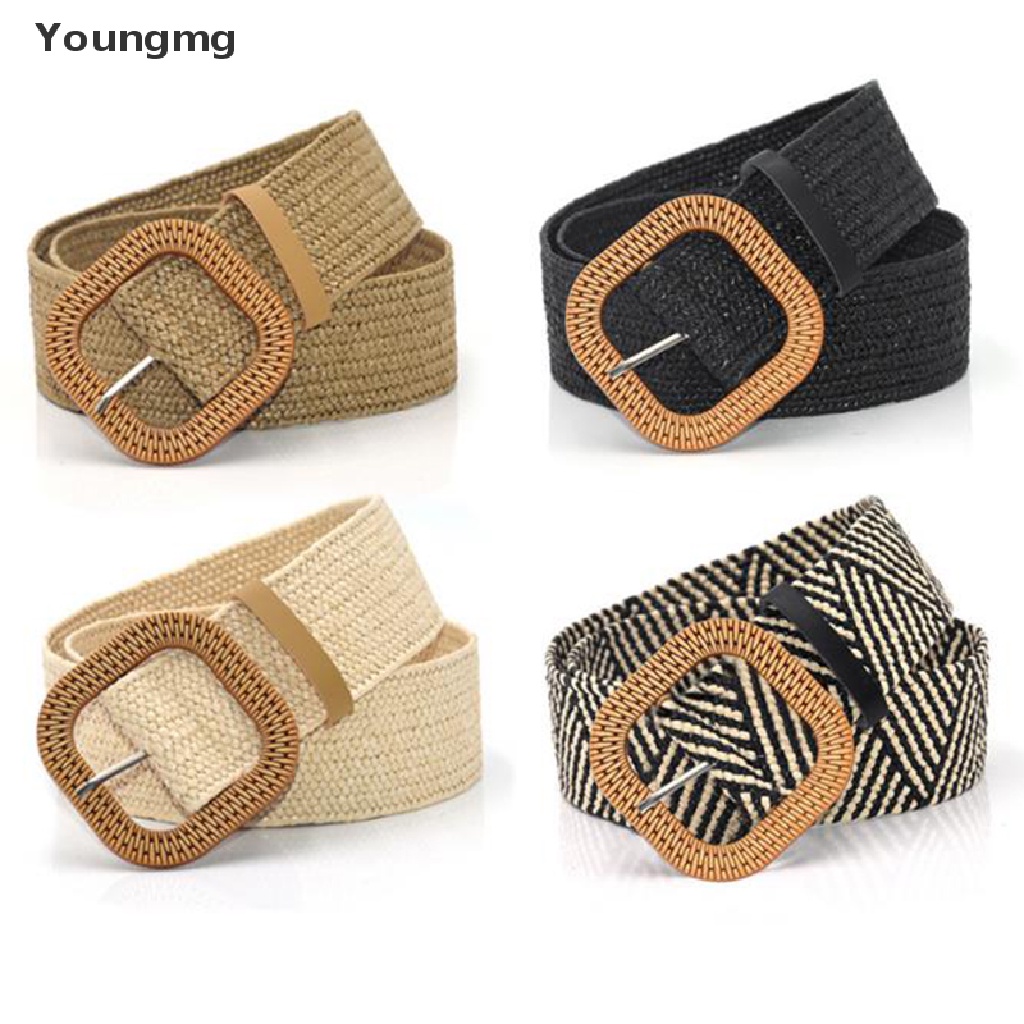Thắt Lưng Dây Đan Sợi Rơm Co Giãn Khóa Vuông Phong Cách Boho Cổ Điển Cho Nữ