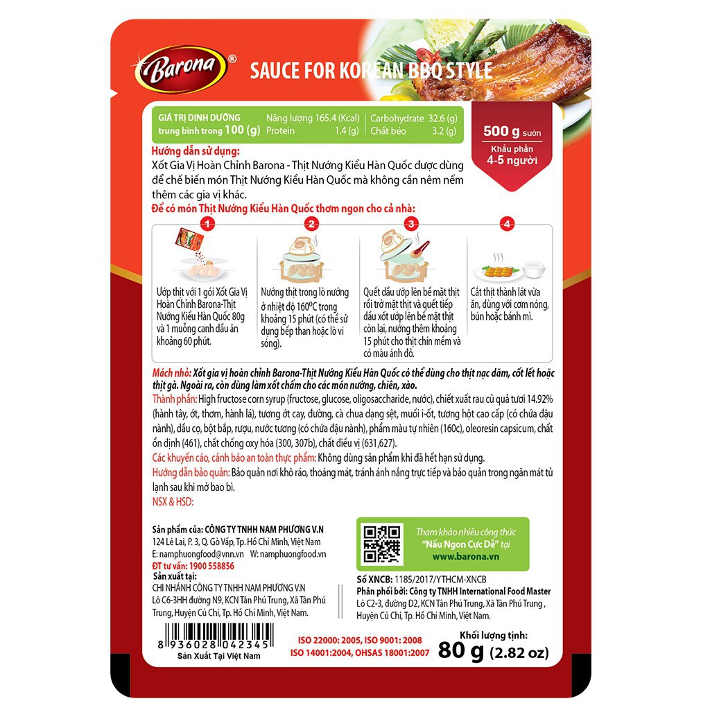 Xốt Thịt Nướng Kiểu Hàn Quốc Gia Vị Hoàn Chỉnh BARONA Thịt Nướng Kiểu Hàn Quốc 80g