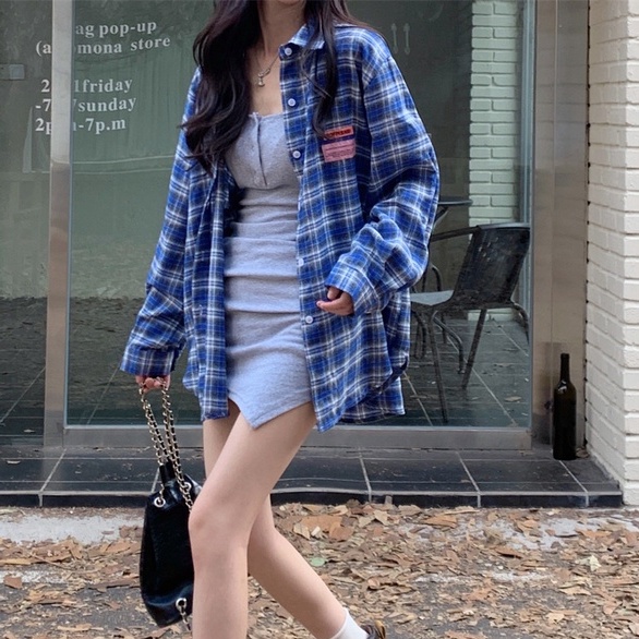 【ZHELIHANGFEI】Áo Sơ Mi Nữ Tay Dài Dáng Rộng Họa Tiết Caro Màu Xanh Dương Dễ Phối Đồ