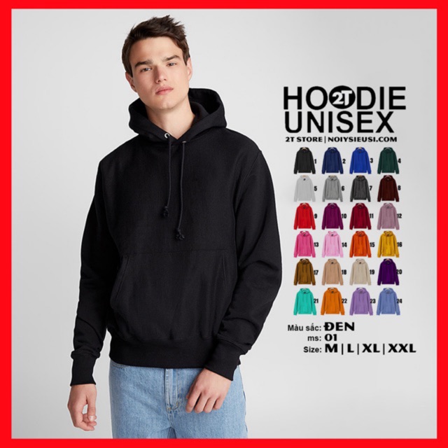 Áo hoodie unisex 2T Store H01 màu đen - Áo khoác nỉ chui đầu nón 2 lớp dày dặn đẹp chất lượng