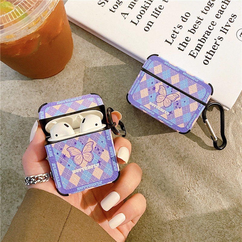 Vỏ Bảo Vệ Hộp Sạc Tai Nghe airpods 1 2 3 Pro Apple Bluetooth Không Dây Bằng Silicon Mềm Họa Tiết Bướm Caro Màu Tím Phong Cách Hàn Quốc Nhật Bản