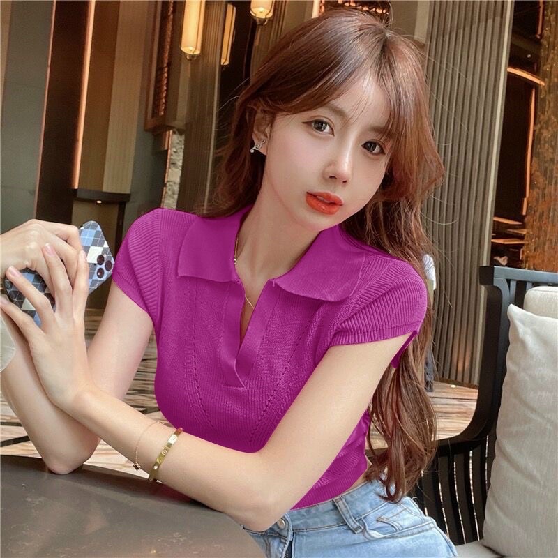 Áo len mỏng xương cá cộc tay dáng ôm croptop, Áo kiểu cổ bẻ len co giãn AL6565 - NhiNhi Shop
