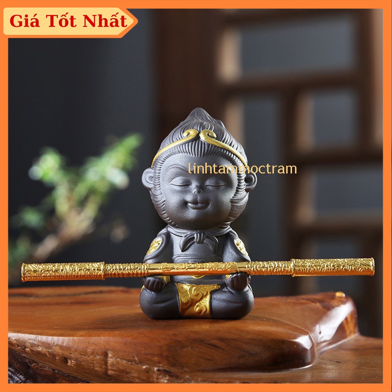 Tượng tôn ngộ không ngồi thiền, chắp tay, tượng tôn ngộ không trang trí thủy sinh, tiểu cảnh bể cá size M