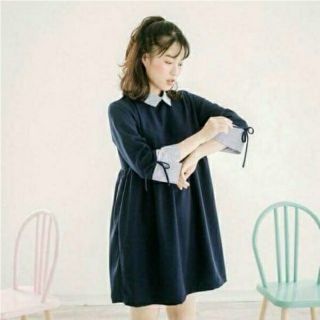 Đầm babydoll, váy vintage màu xanh phối cổ sọc (kèm hình thật)