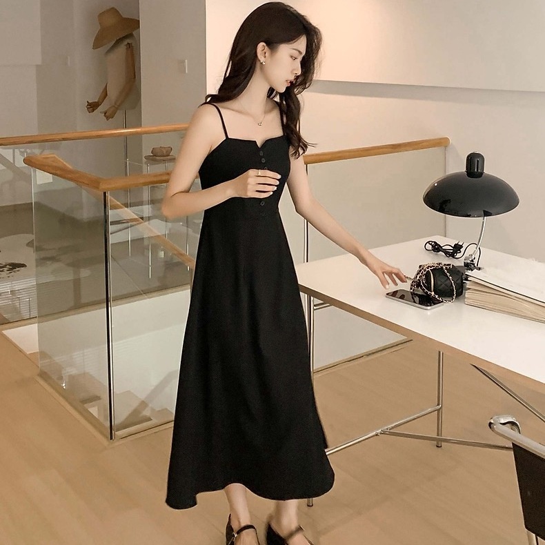 Đầm Hai Dây Dáng Ôm Màu Đen Phong Cách Hàn Quốc Thời Trang Cho Nữ