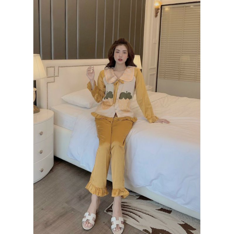 Bộ Pijama Lụa Dài Tay Họa Tiết 5d Viền Bèo 4 Màu