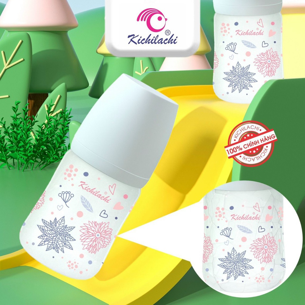Bình Sữa Thủy Tinh  cổ rộng Tráng Silicon Kichi Siêu Nhẹ ,Chống Trầy Xước 150ml/240ml