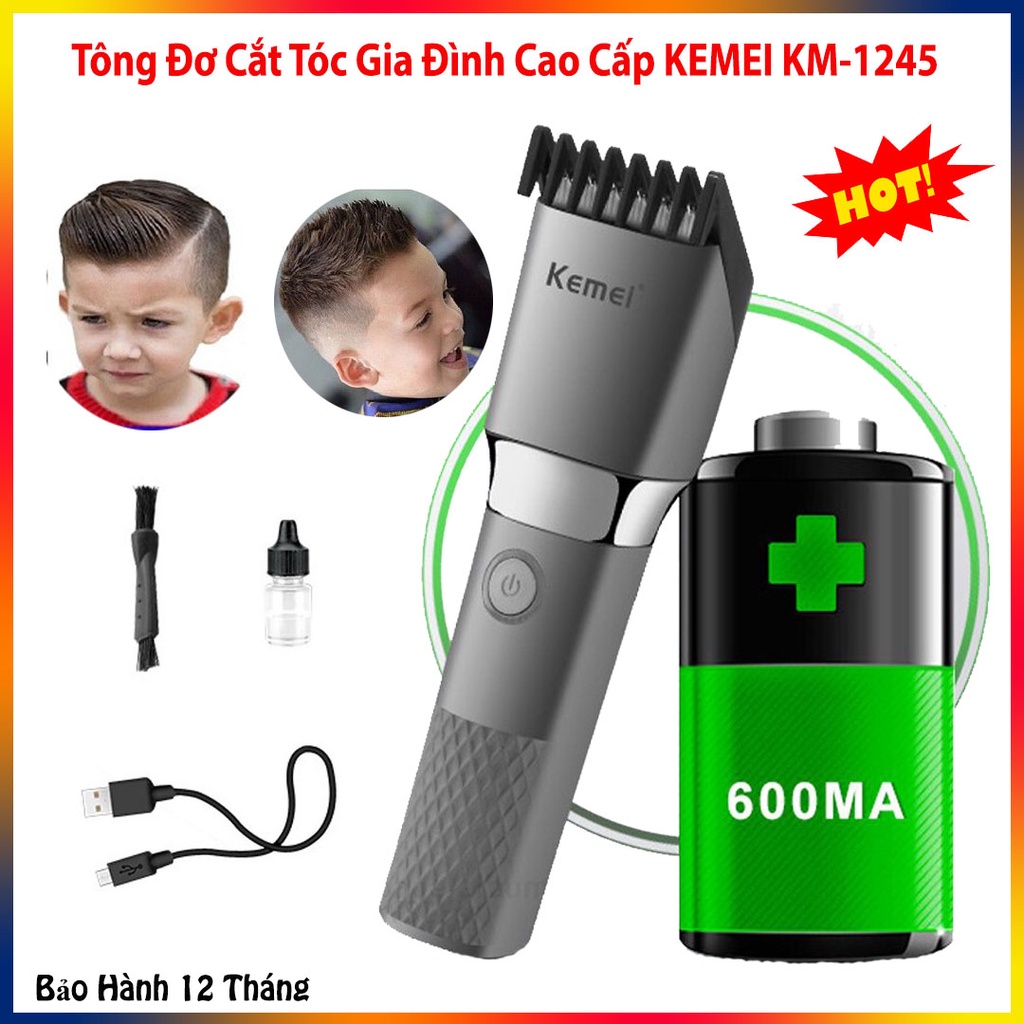 Tăng Đơ_Tông đơ cắt tóc gia đình Kemei Km 1245, lưỡi gốm siêu bền, có 7 cữ cắt thay đổi linh hoạt, sạc nhanh