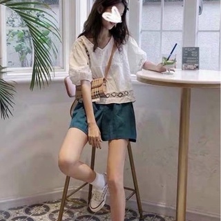 Áo babydoll Trắng tay lỡ Cổ Tim Hạt Gạo, Áo babydoll Trắng tay lỡ phối ren
