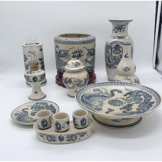 Bộ đồ thờ thần tài/ thổ công (10 món) men rạn trơn - đầy đủ phụ kiện
