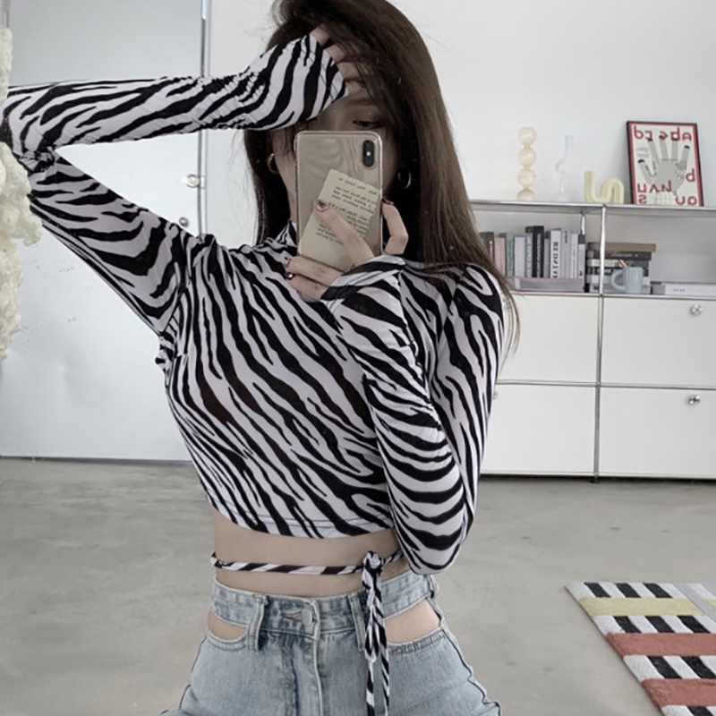 IELGY Áo Thun Lửng Tay Dài Hở Lưng Ôm Dáng In Họa Tiết Ngựa Vằn Cho Nữ