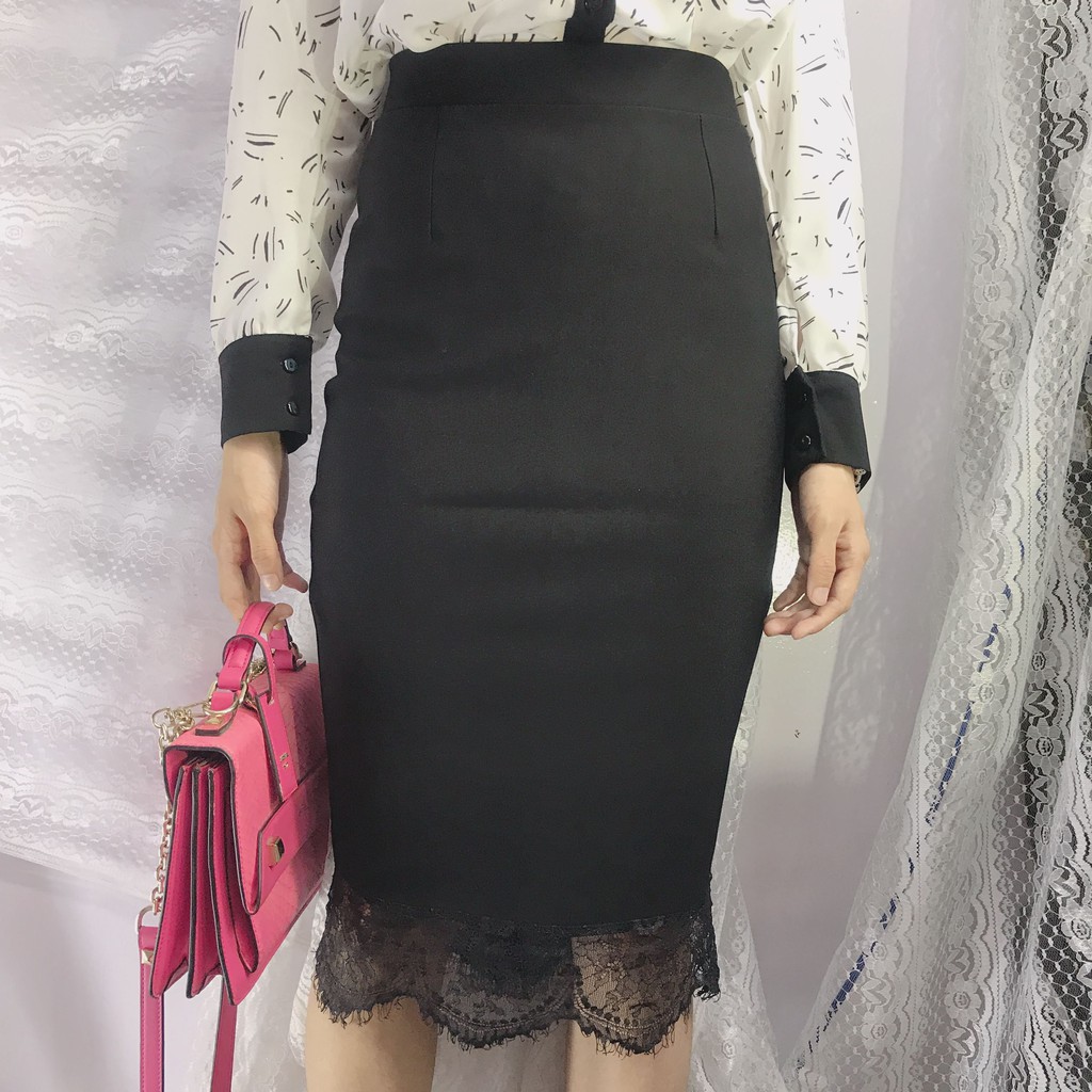 Chân váy công sở dài bigsize CR63V10 phối chân ren màu đen dài 63cm [size từ 48-85kg | BigBuy360 - bigbuy360.vn
