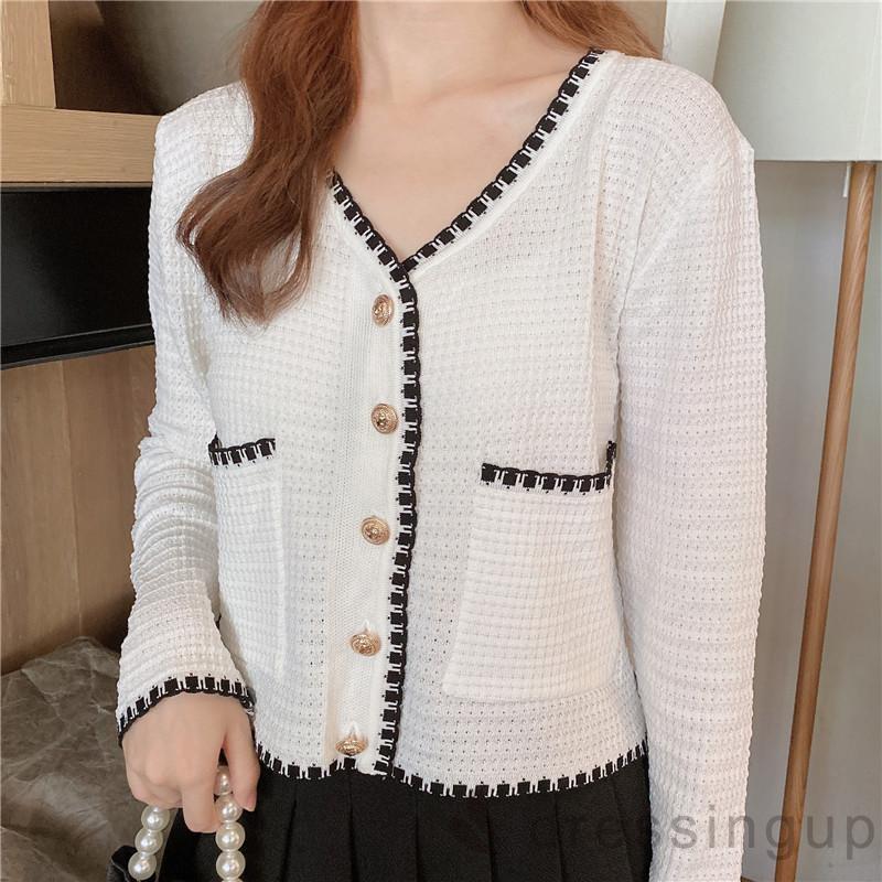 Áo Dệt Kim Tay Dài Dáng Rộng Phối Túi Thiết Kế Thanh Lịch Cho Nữ