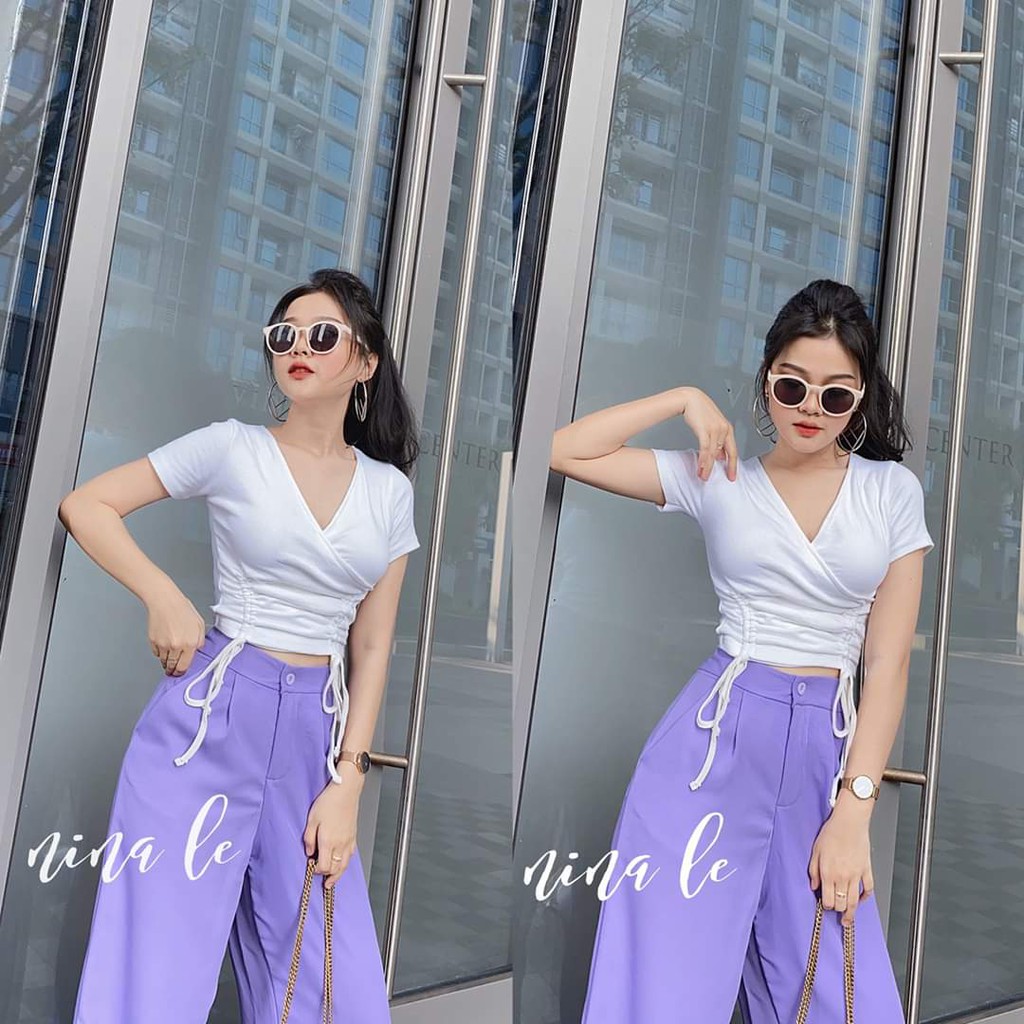Áo phông cổ tim dây rút eo