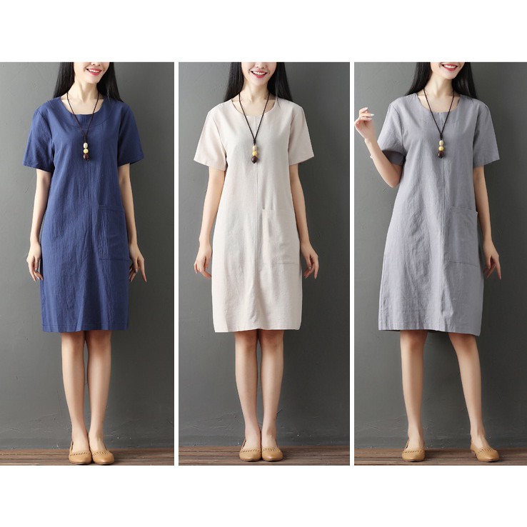 Đầm suông ngắn tay phối túi vuông thời trang. - DS72