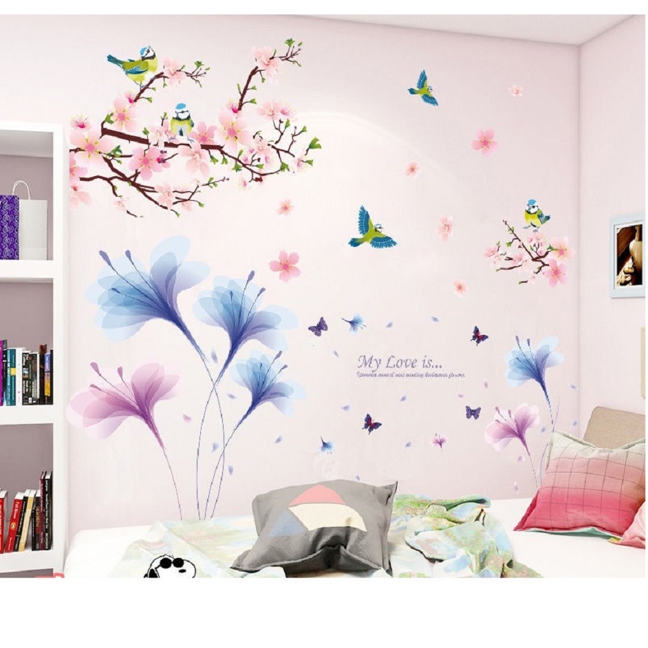 DECAL DÁN TƯỜNG HOA XANH TÍM VÀ CÀNH ĐÀO HỒNG