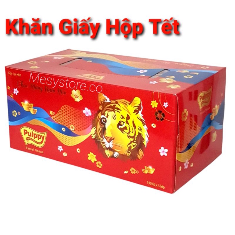 Khăn Giấy Lụa Hộp Pulppy Tết Nhâm Dần Happy New Year 140 Tờ 3 Lớp Để Phòng Khách Xe Ô Tô