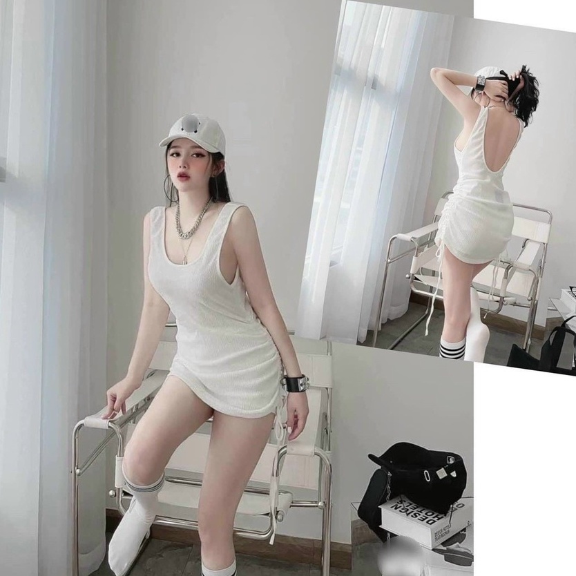 Đầm 2 lỗ ôm body hở lưng rút dây 2 bên cực sexy , chất thun bozip mềm mịn
