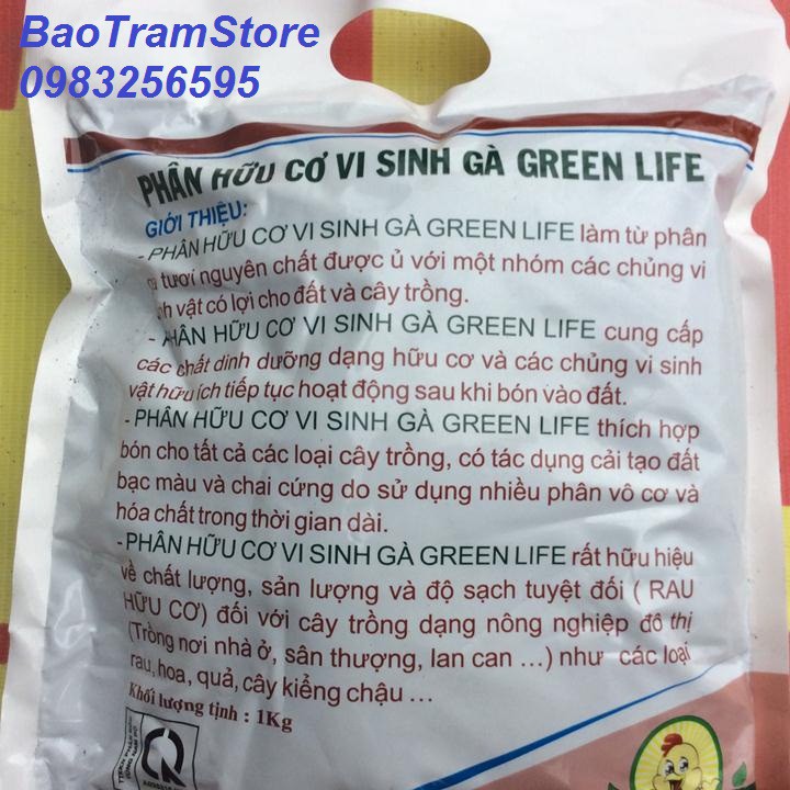 - Phân gà hữu cơ VI SINH GREEN LIFE gói 1kg hàng đẹp, chuyên cho cây hoa cảnh.