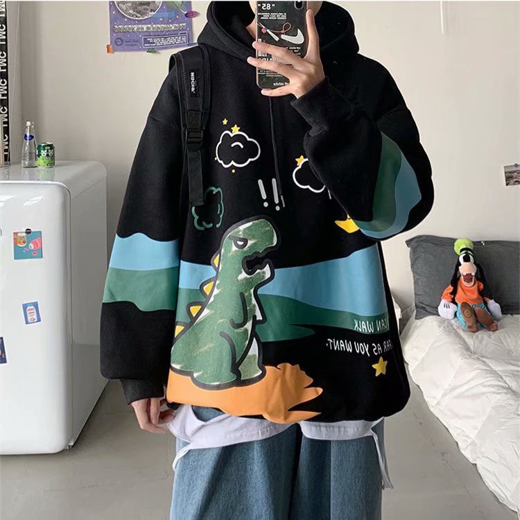 Áo hoodie dáng rộng in họa tiết khủng long hoạt hình cao cấp thời trang dành cho cả nam và nữ | BigBuy360 - bigbuy360.vn