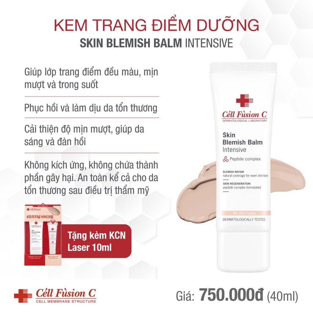 Set Kem Trang Điểm Dưỡng Cell Fusion C Skin Blemish Balm Intensive 40ml + Laser Sunscreen 10ml