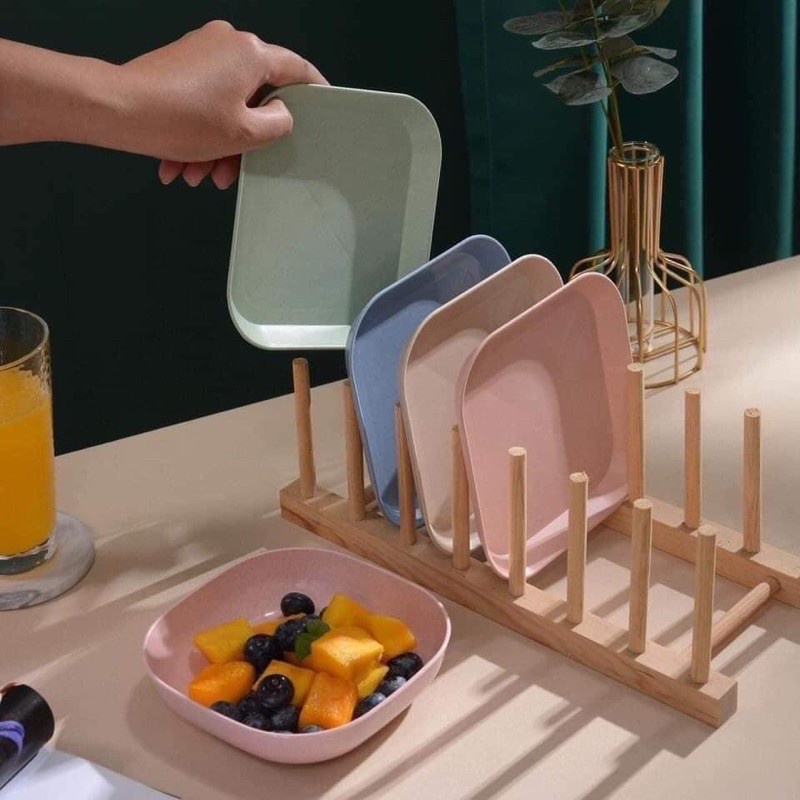 Đĩa lúa mạch sét 8 đĩa vuông mix đủ màu dễ thương đựng đồ ăn bánh kẹo hoa quả tặng móc dính tường