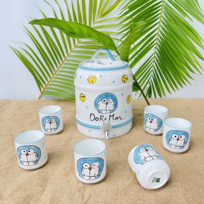 Bộ Bình đựng nước Gốm Sứ Bát Tràng có vòi, bình gốm 9 lit Hình Doraemon Decor Cực Xinh