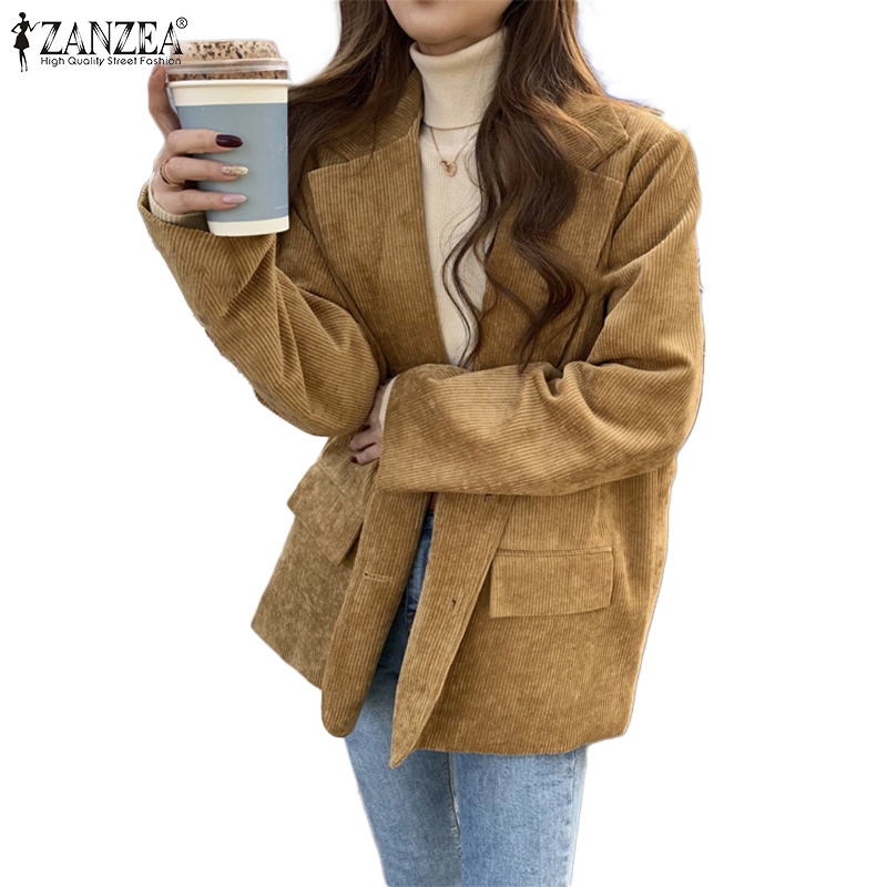 Áo khoác blazer ZANZEA tay dài phối vải nhung cổ áo mép lật với túi phía trước dành cho nữ