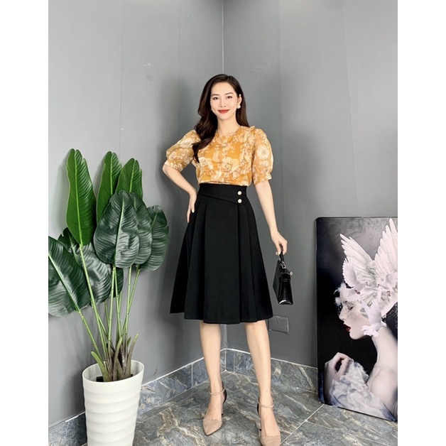 T01 Áo Tơ Hoa phối chân váy xoè ly cúc eo | BigBuy360 - bigbuy360.vn