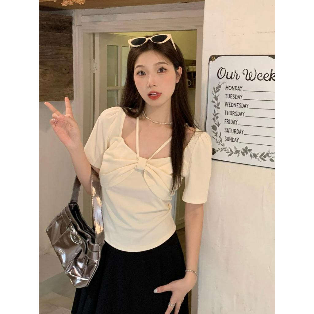 Áo Thun Tay Ngắn Cổ Vuông Thắt Nơ Phong Cách Hàn Quốc Thời Trang Cho Nữ