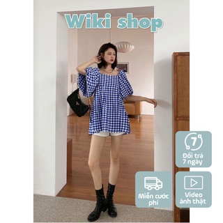 Áo váy đầm nữ kẻ caro xanh tay bồng freesize dáng suông - váy đầm nữ kẻ caro phom rộng giấu dáng siêu xinh