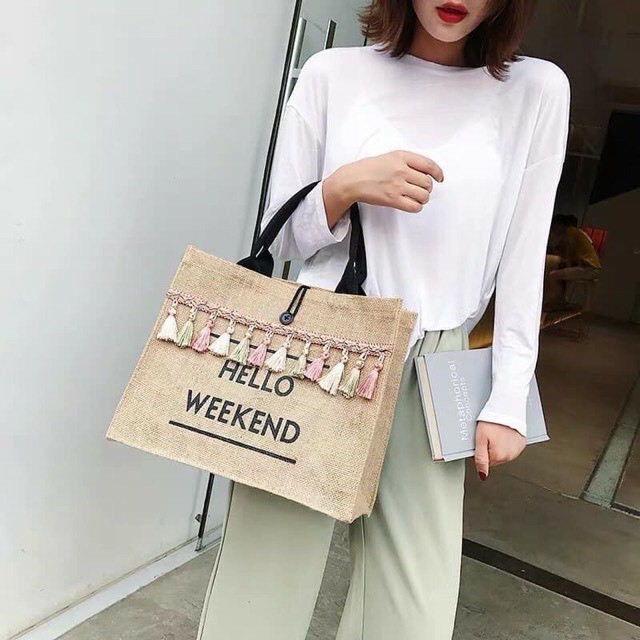 Túi Cói Đi BiểnGIADUNGTONGKHO1Túi Cói HELLO WEEKEND Mẫu Mới Siêu Hot, Túi Quai Xách Thiết Kế Theo Phong Cách Hàn Quốc
