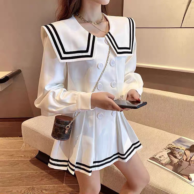 Set chan vay⚡Bán Lỗ⚡áo cổ viền kèm chân váy có viền màu trắng dài tay chấy liệu cotton[ v04]