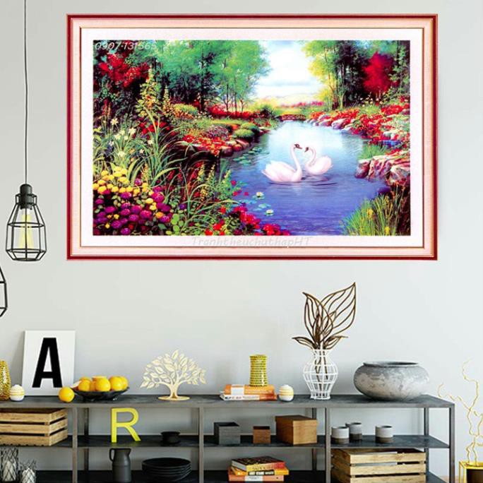 - Tranh đính đá- Tranh thêu chữ thập phong cảnh mùa xuân bên hồ size 75x50Cm- tự thêu NCS-NGỌC CHÂU SHOP