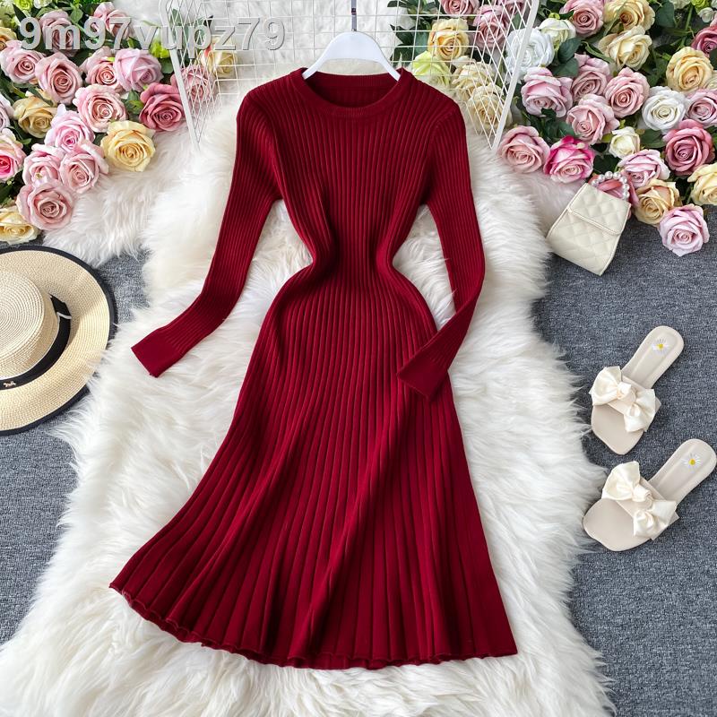 ▤ ✌ ( rẻ mà chất lượng)2021 mùa thu và đông mới rắn màu mỏng mảnh mai dài tay áo len đáy quần váy nữ túi đeo hông trên đ
