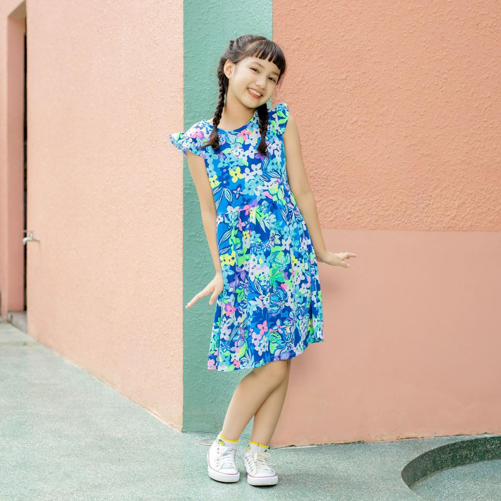 Váy bé gái tay cánh tiên in HOA NGŨ SẮC 100% cotton 4 chiều, 18-40 kg, A2