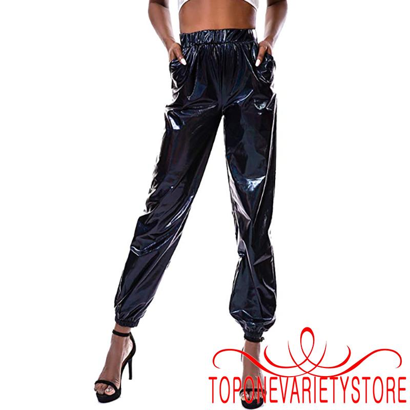 Quần jogger lưng cao thiết kế màu Holographic phong cách hiphop thời trang cho nữ