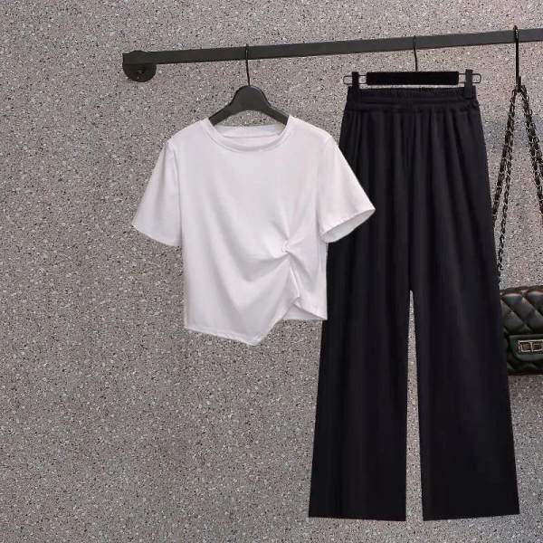 One Set Áo Thun Ngắn Tay + Quần Dài Lưng Cao Ống Rộng Thời Trang Nữ