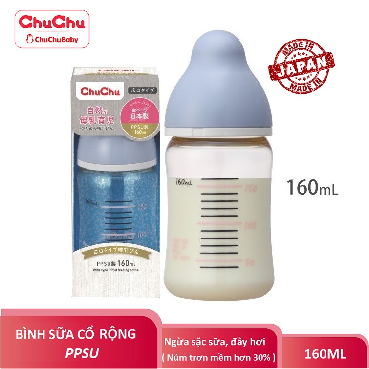 Bình sữa cổ rộng PPSU 240ML new với núm trơn mềm hơn 30% giống ty mẹ, ngừa sặc và đầy hơi Chuchu Baby