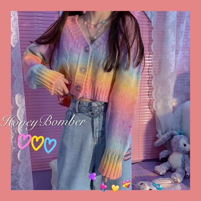 JISOO BLACKPINK Áo croptop len tay dài màu rainbow cầu vồng phong cách ulzzang SAM SAM BOUTIQUE | BigBuy360 - bigbuy360.vn