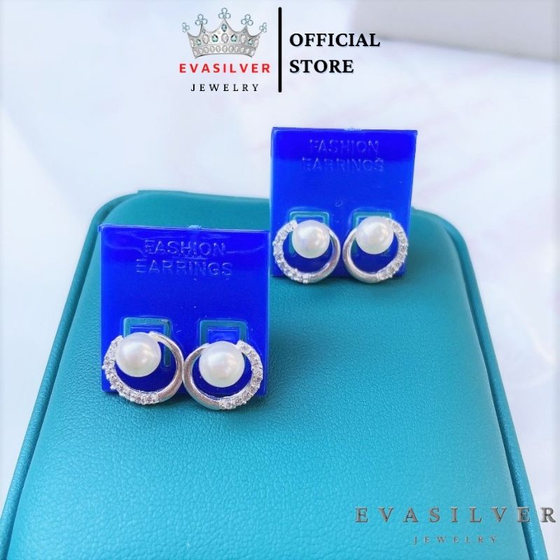 Bông tai tròn nửa hàng đá đính hạt trai, Khuyên tai chất liệu bạc ta cao cấp - Trang sức bạc Evasilver