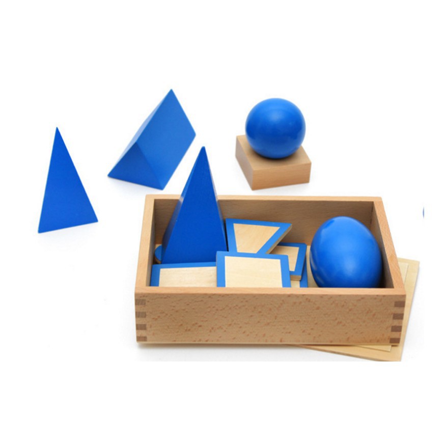 Hộp khối hình học màu xanh kèm đế ( The Geometic Solids ) - Giáo cụ Montessori