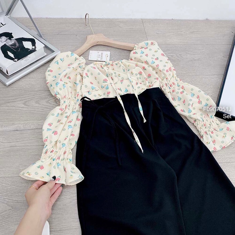Set áo croptop hoa cột dây tay bo chun kiểu kèm quần TT0907