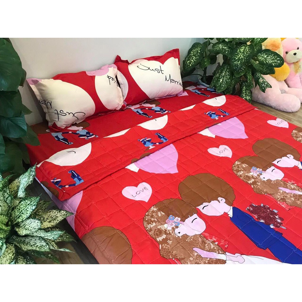 Bộ ga gối cotton mẫu cô dâu chú rể emmibedding set 3 món 1 ga và 2 vỏ gối nằm