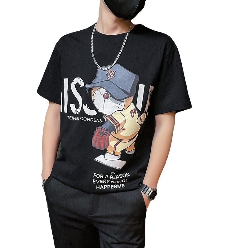 Áo thun PURUILONG cotton ngắn tay in hình mèo máy Doraemon phong cách Hàn Quốc dành cho nam
