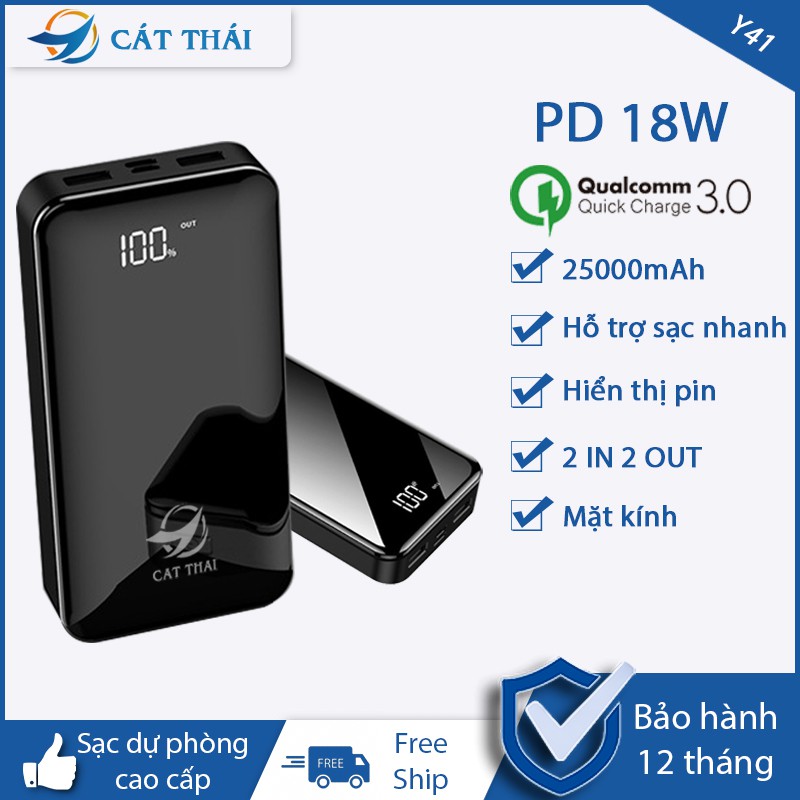 [Tặng dây sạc] Sạc dự phòng,Pin Sạc Dự Phòng Cát Thái Y41 Dung Lượng 25000 Mah Có Màn LED/ 2 Cổng Sạc-BH 12 tháng